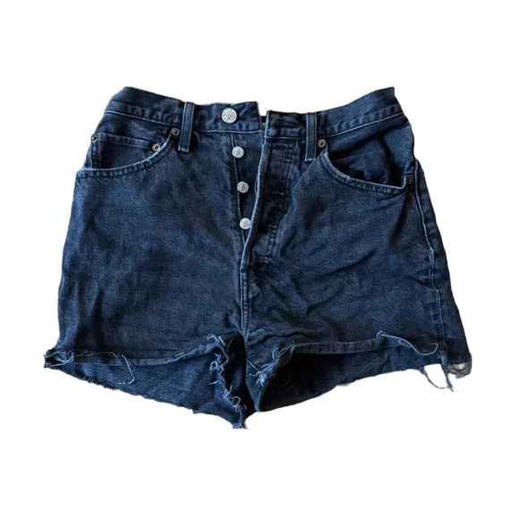 Re/Done Size 26 Black 50s Cutoff Denim Shorts Distressed Button Fly - Picture 1 of 7